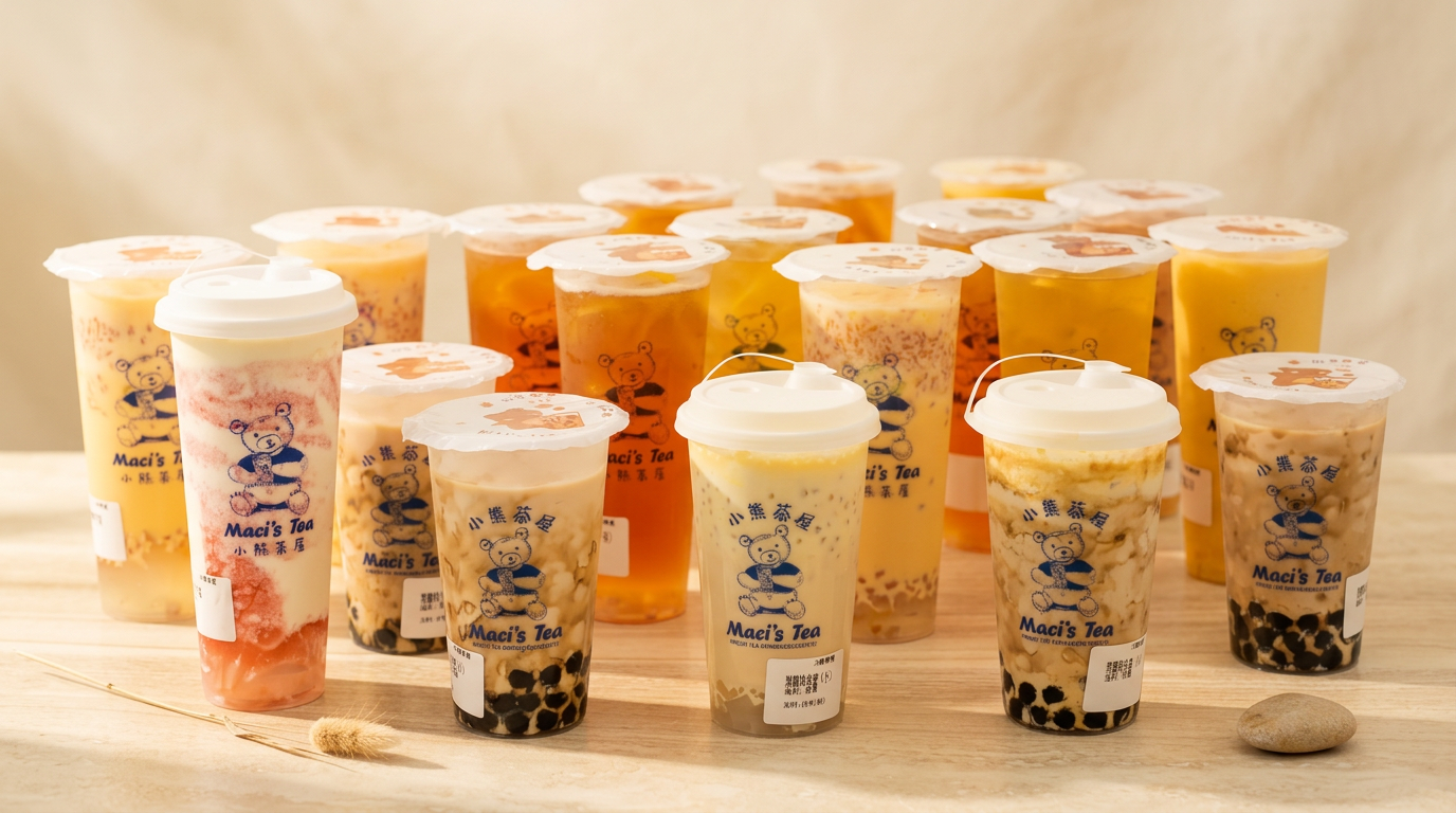 The full Maci's Tea lineup — bubble teas, fruit teas and milk teas arranged together