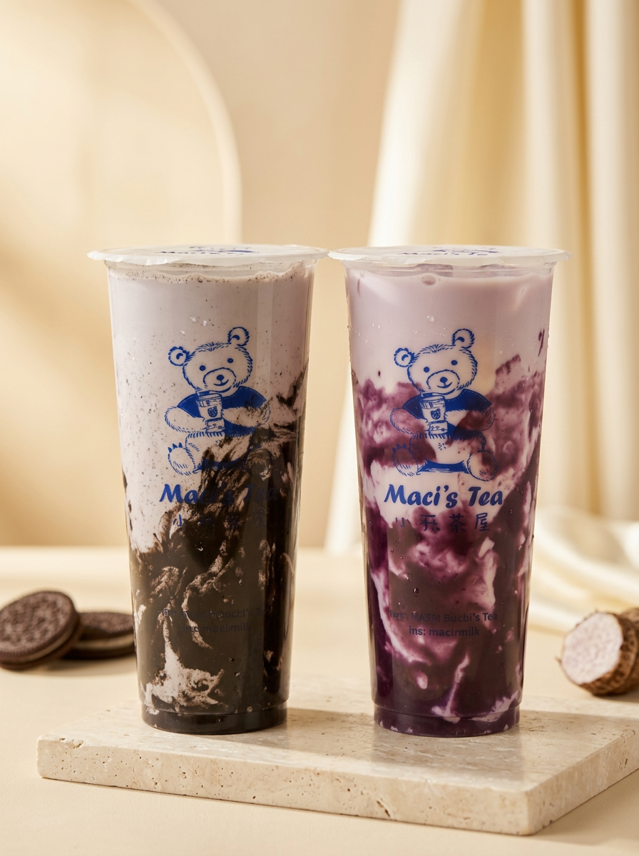 Oreo milk tea and taro milk tea side by side with the Maci bear branding