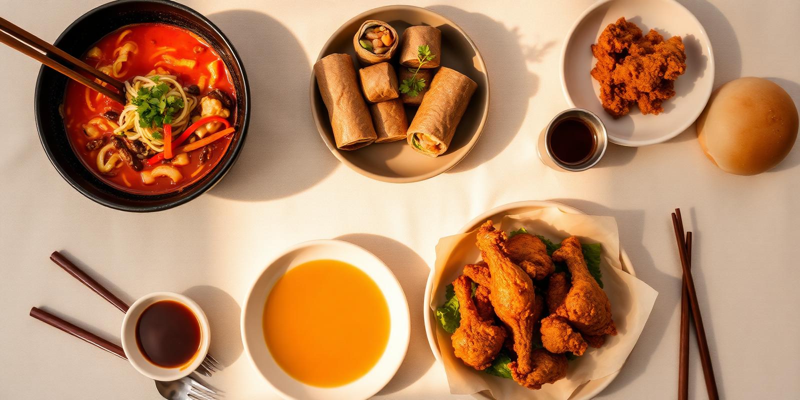 Korean street food flatlay — ramen, spring rolls, fried chicken and bao
