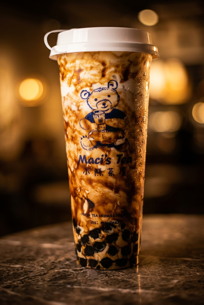Signature brown sugar boba in Maci's Tea bear cup with dramatic golden bokeh