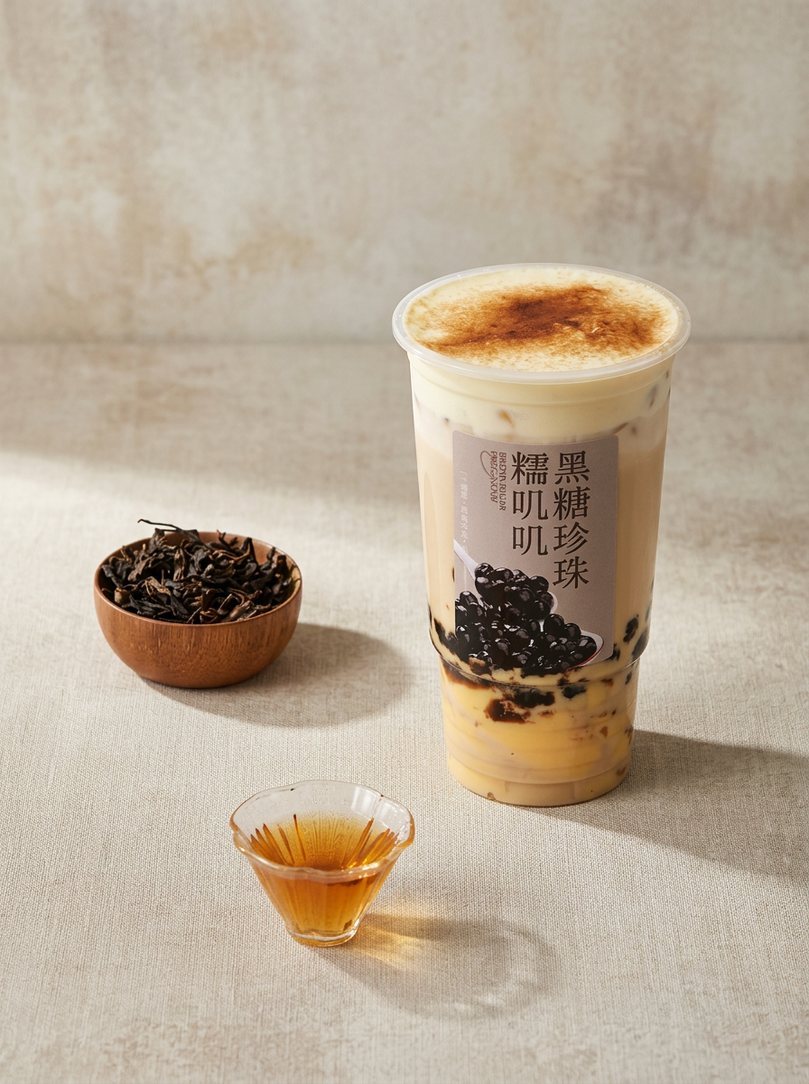 Brown sugar pearl milk tea editorial still life with tea leaves