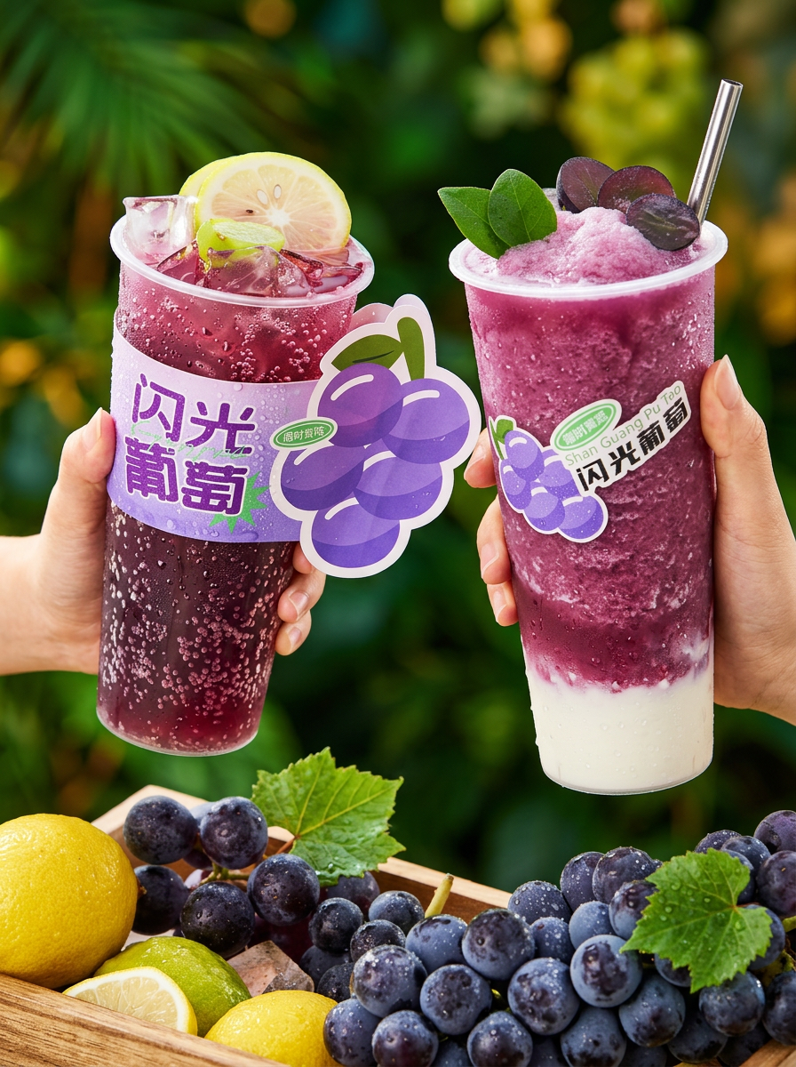 Sparkling grape tea and frozen grape smoothie with fresh fruit