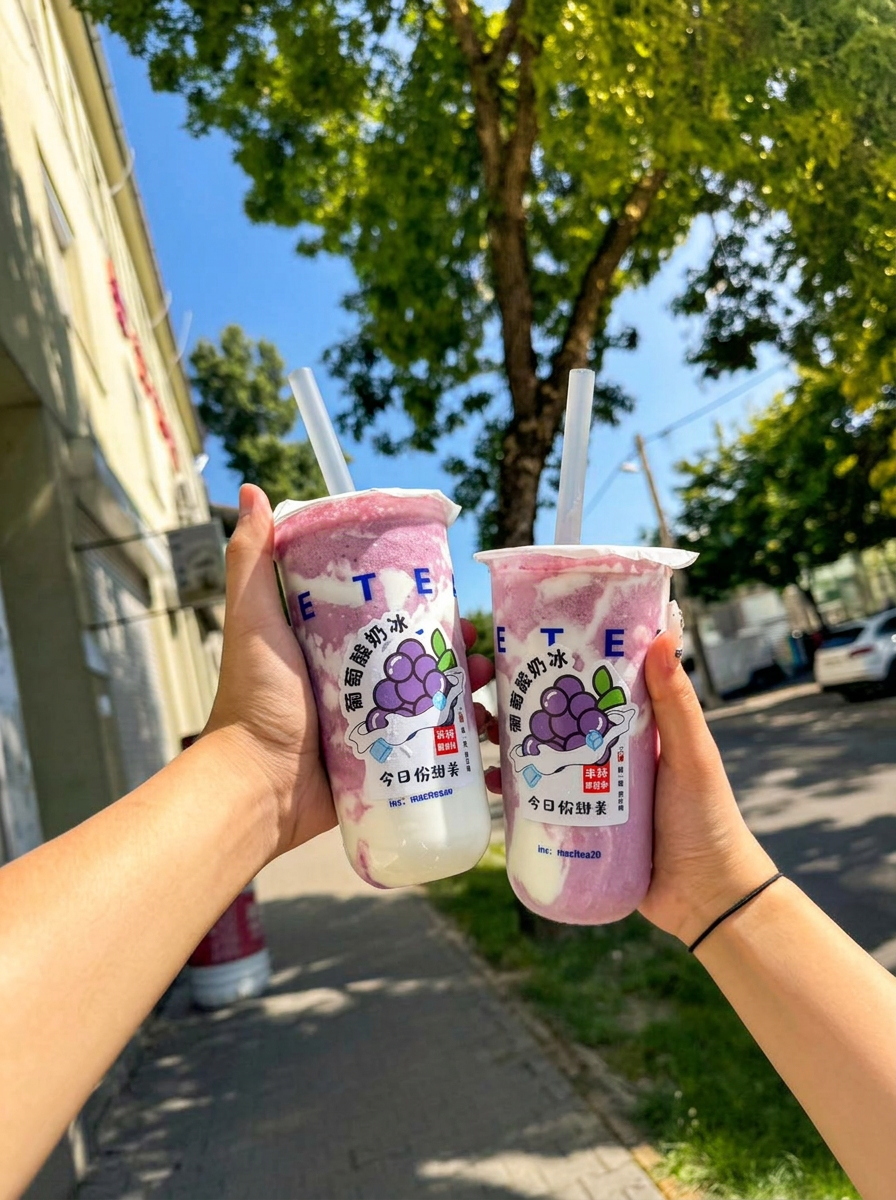Grape yogurt smoothies held up against blue summer sky