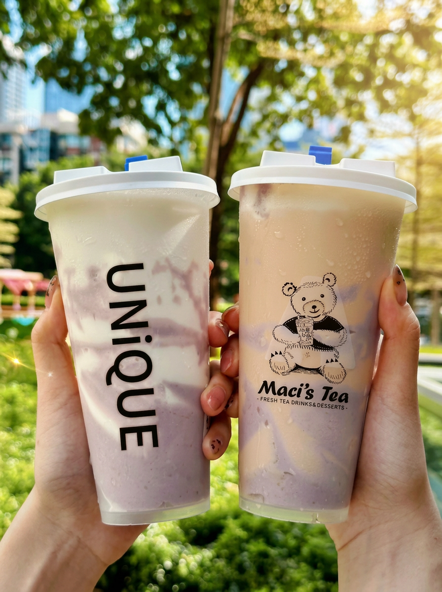 Two friends cheers-ing taro milk teas in a sunlit park